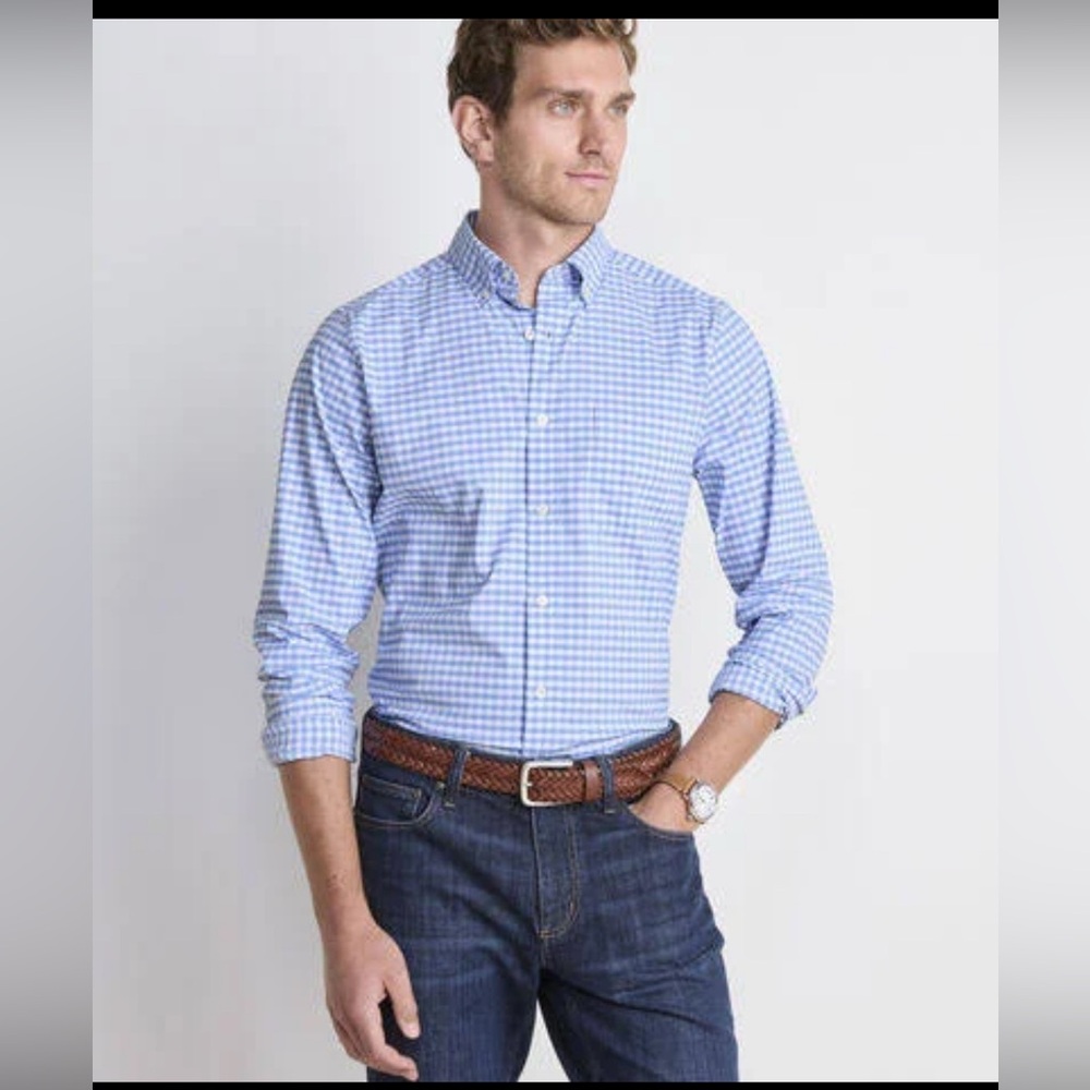 New Vineyard Vines Performance Gingham Shirt Men M Blue Stretch Button Down